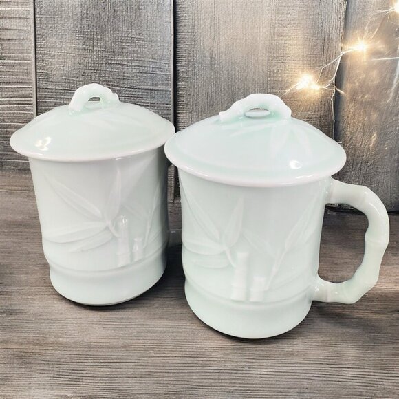 Gardener's Eden Coffee Mug Cup Light Green Embossed Bamboo Celadon Green Set2 - Picture 1 of 14